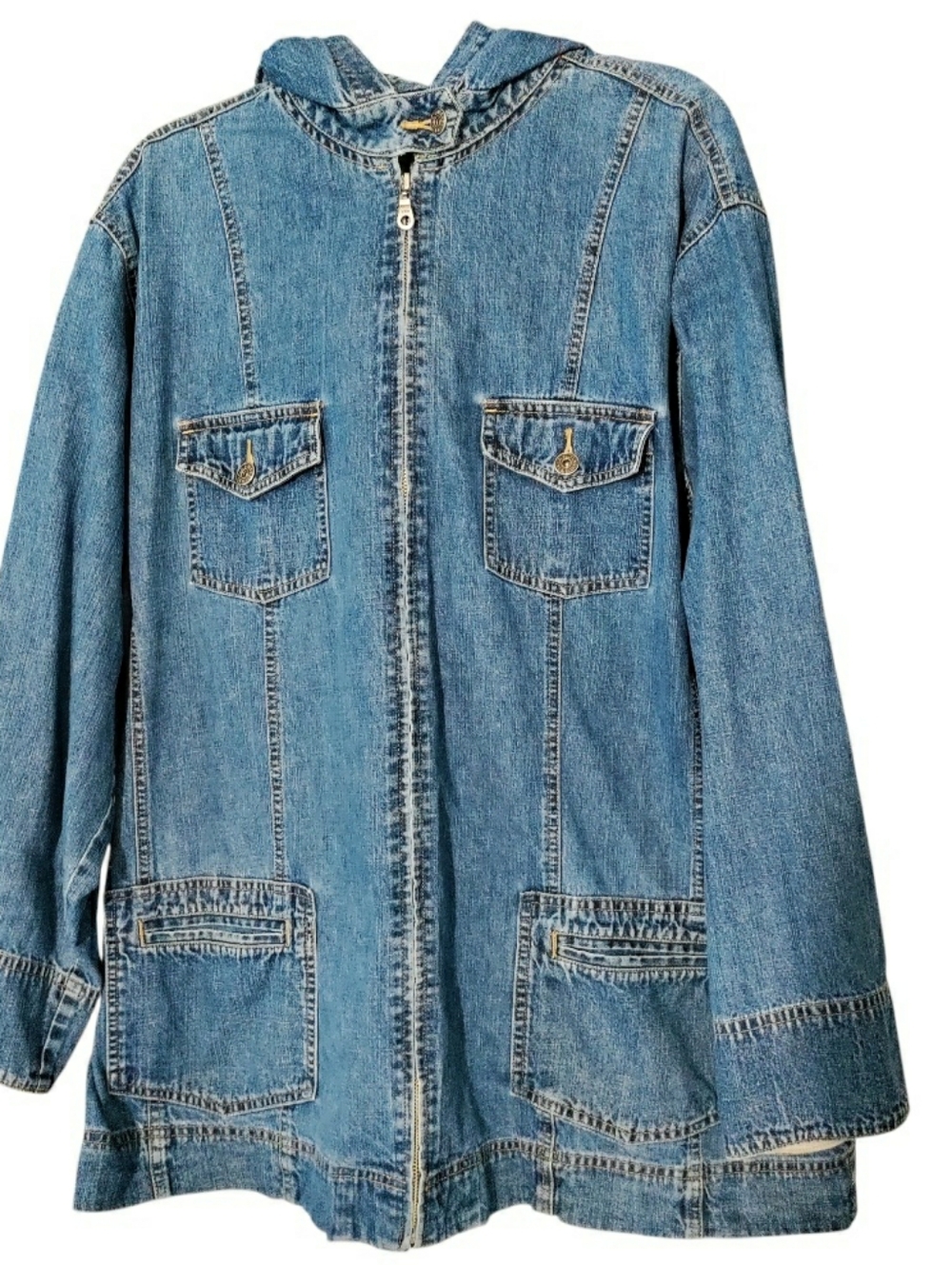 VTG 90s LA Blues Denim Barn Jacket With Hood Blue Jean Zip Up